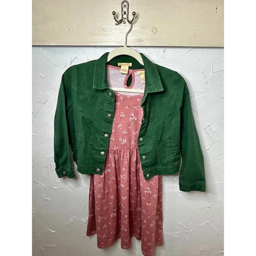 Emma & Elsa Girls Green Denim Jacket and Pink Floral Dress Set Size 12